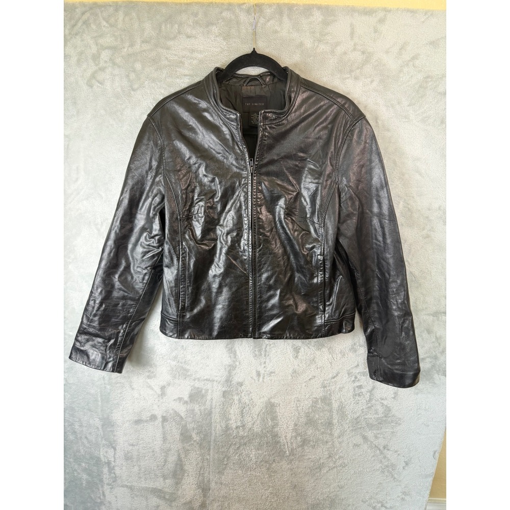 VTG THE LIMITED Leather Jacket Womens L Black Genuine Leather Zip Moto Lined